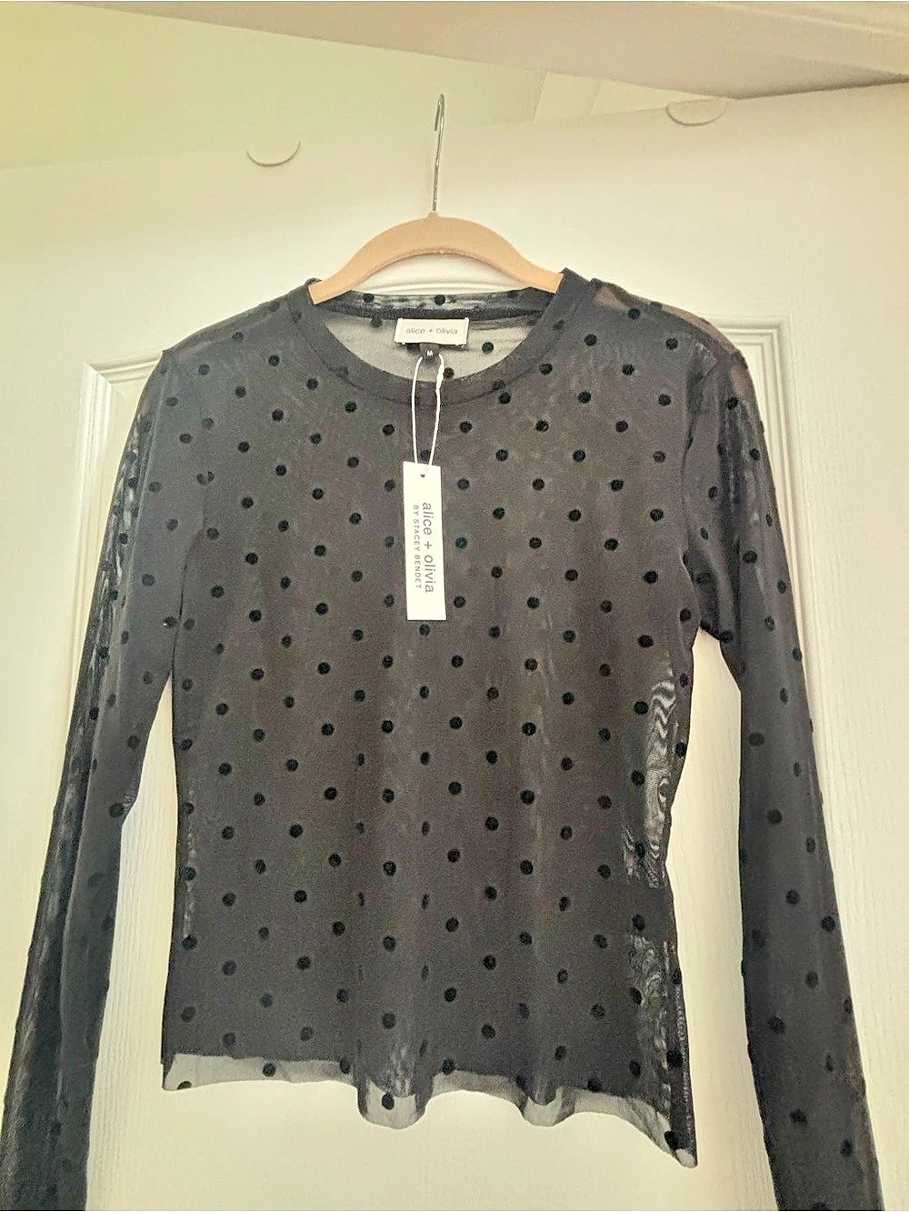 🌺 NWT Alice + Olivia Black Sheer Polka Dot Long Sleeve Top